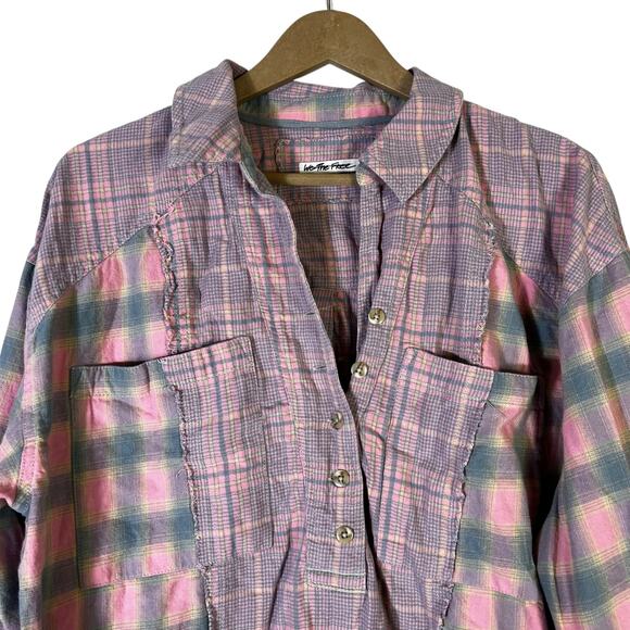 We The Free Plaid Oversized Top Size M Pink Collared 100% Cotton Grunge Boho - Picture 3 of 6